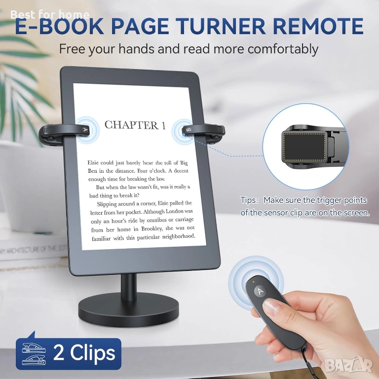 UBUYUONE RF Дистанционно за прелистване на страници (2 клипса) – за Kindle, iPad, Kobo и Таблети, снимка 1