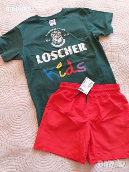 Лот тениска и панталон / бански H&M 122 / 128 , джапанки 32 , снимка 1