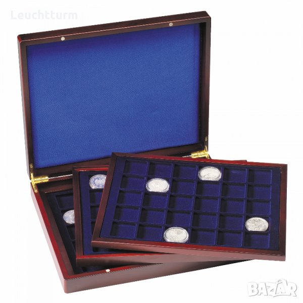  Луксозна дървена кутия за съхранение на 90 монети до 39мм, снимка 1