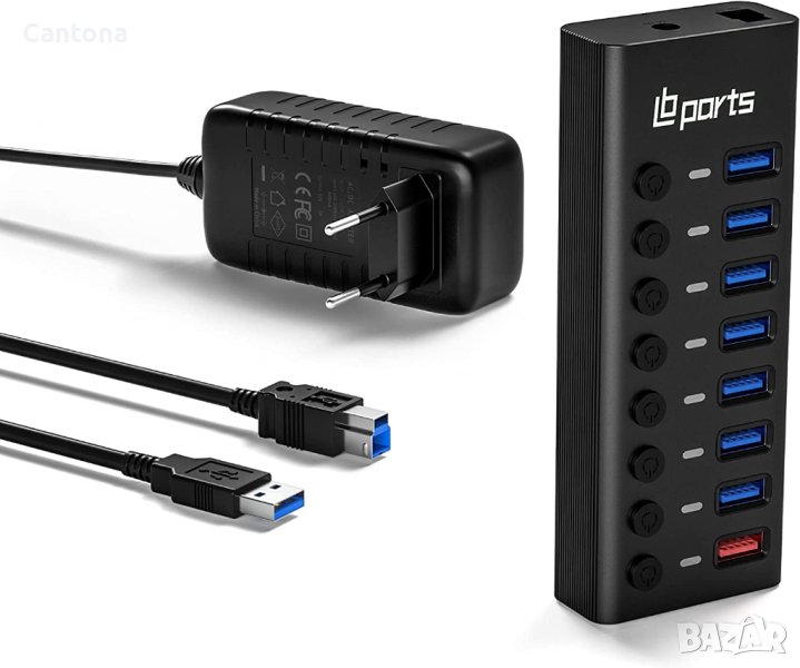 8 x USB 3.0 активен хъб с 36W (12V / 3A) захранване, USB 3.0 сплитер с LED ключ за включване/изключв, снимка 1