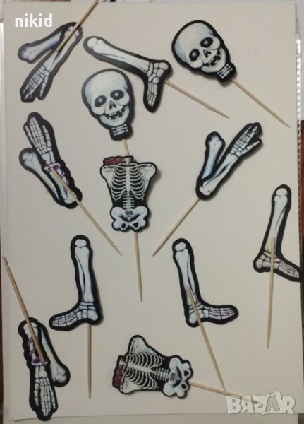 2 скелет 12 бр череп части тяло топери Хелоуин Halloween за мъфини кексчета и др декор парти, снимка 1