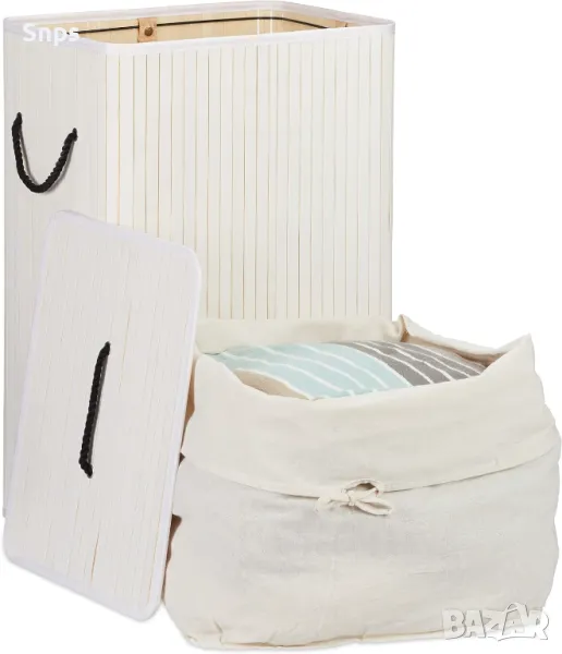Бамбуков кош за пране Relaxdays, сгъваема кошница с капак, 80 л, правоъгълен, 2 вътрешни торби , снимка 1