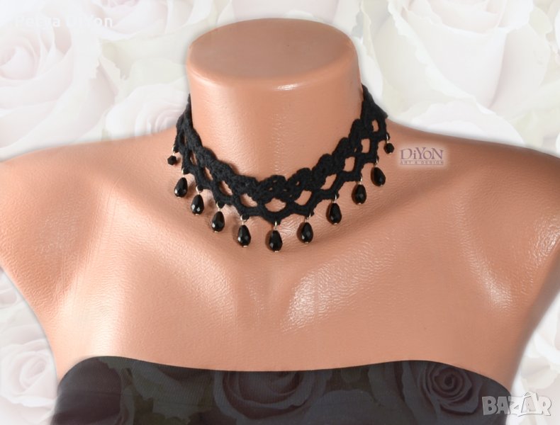 Ръчно плетено дамско колие с кристали черно, снимка 1