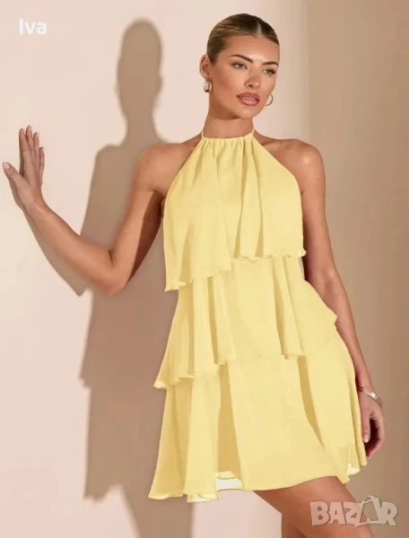 Намаление! Жълта рокля с открит гръб S, M, L размер, ефирни пластове, снимка 1
