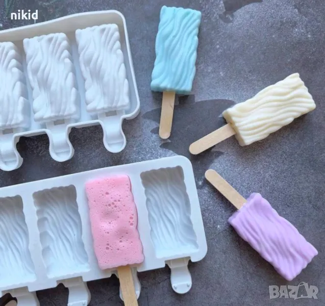 4 малки ескимо наклонен релеф дървесина Магнум сладолед Popsicle Попсикъл силиконова форма молд , снимка 1