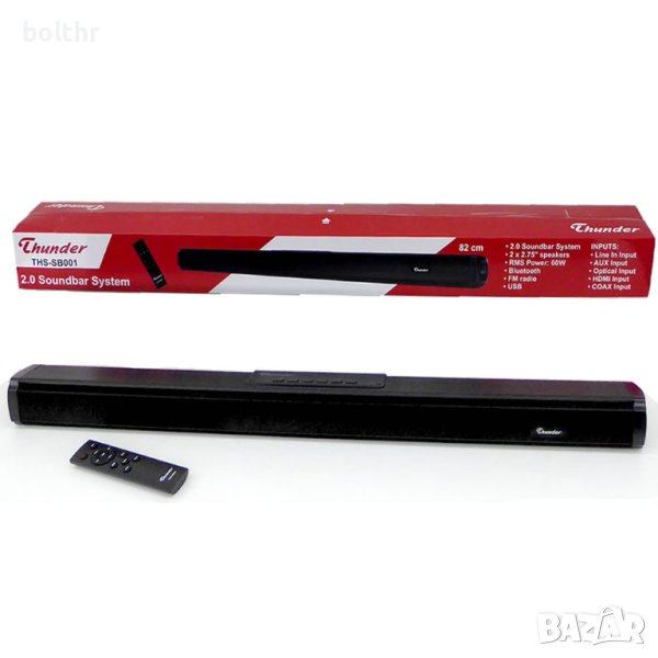 Саундбар Thunder THS-SB001, 2.0 канала, 60 W, Bluetooth, USB, HDMI, Оптичен вход, Aux in, Radio FM, , снимка 1