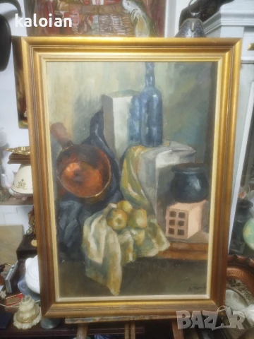 Голяма авторска испанска картина. Масло върху платно каширано на фазер. Подписана. Дървена стара рам