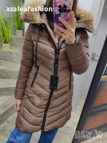 Дълго зимно яке с естествен косъм бежово, снимка 2 - Якета - 52686533