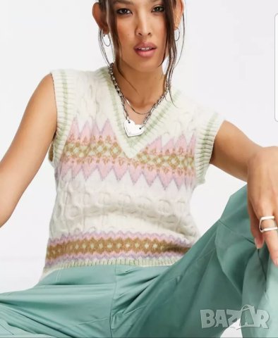 Плетен елек без ръкави пуловер бежов розов топъл топ 