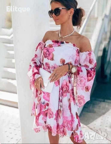 флорална рокля с паднали ръкави , снимка 2 - Рокли - 53587506
