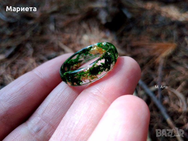 Пръстен от бижутерска смола, мъх и златен лист Бижута Ръчна Изработка , снимка 5 - Пръстени - 29073331