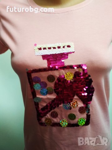 Розова дамска тениска с въртящи се пайети във форма на шише, снимка 7 - Тениски - 32841018