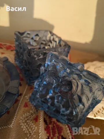 Джудже -стъклена захарница,пепелник синьо стъкло , снимка 4 - Антикварни и старинни предмети - 49210528