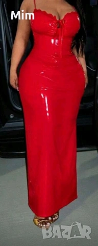  Резервирани 4XL Червена дълга ,кожена рокля, снимка 5 - Рокли - 53436489