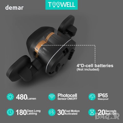 Toowell Безжични LED прожектори  Захранвани от батерии Външни IP65 Водоустойчиви Сензор за движение , снимка 5 - Прожектори - 43990929