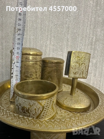 Уникален масивен месингов комплект за бюро – 5 кг, ръчна гравюра, снимка 3 - Антикварни и старинни предмети - 53111019