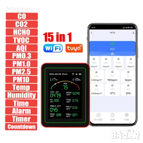 Детектор за измерване качеството на въздуха 15-в-1 WiFi Tuya CO2, PM1.0, PM2.5, PM10, HCHO, TVOC