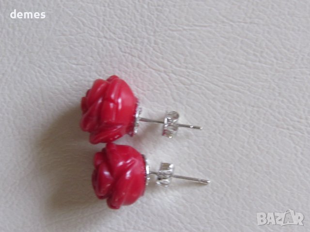 Обици-розички от корал, нови, снимка 4 - Обеци - 39966367