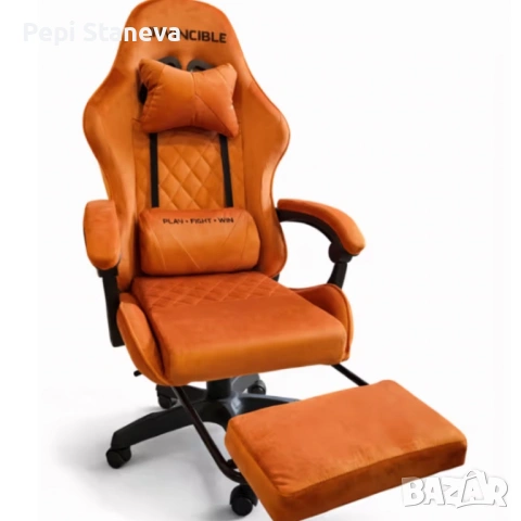 Оранжев велурен геймърски стол с поставка за крака – ергономичен, метална рамка, снимка 8 - Друго - 53334457