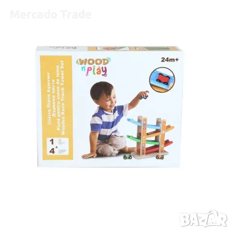 Дървена образователна писта Mercado Trade, 4 цветни превозни средства, снимка 2 - Образователни игри - 48145633