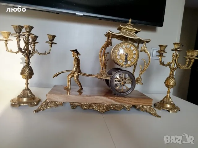 КАМИНЕН ЧАСОВНИК БРОНЗ И МРАМОР СЪС СВЕЩНИЦИ , снимка 2 - Стенни часовници - 49271670