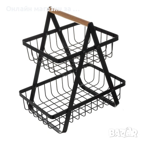 Декоративна кошница за плодове, изработена от метал, на два етажа и дървена дръжка, черна, Ruhhy, снимка 2 - Прибори за хранене, готвене и сервиране - 53230142