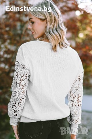 Дамска блуза в бяло с ефектно деколте и бродирани ръкави, снимка 5 - Блузи с дълъг ръкав и пуловери - 43118094
