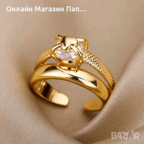 Дамски златист пръстен от неръждаема стомана – Регулируем двоен дизайн с коронен цирконий, снимка 2 - Пръстени - 52302610