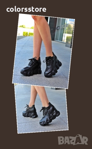 Кецове на платформа - черна кожа, мрежа и лак - PA786 