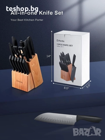 Комплект ножове D.Perlla с блок, 15 части, острие от неръждаема стомана с незалепващо черно покритие, снимка 3 - Прибори за хранене, готвене и сервиране - 52396525