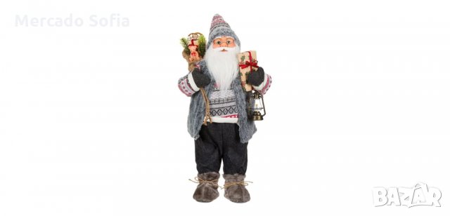 Коледна реалистична фигура Дядо Коледа, Сиво палто и фенер, 60см 