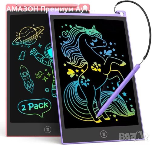TECJOE Комплект 2 LCD детски цветни таблета за рисуване 8.5”,стикери/писалки/каишка,лилав/розов