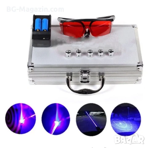 Мощен син акумулаторен лазер 5000mW пойнтер горящ палещ клечка кибрит балон с предпазни очила, снимка 12 - Друга електроника - 51040524