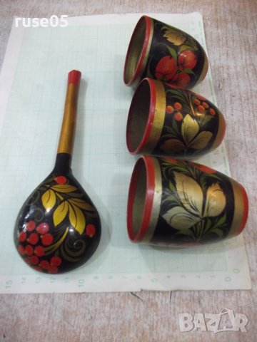 Лот от 3 бр. дървени чаши и лъжица рисувани съветски, снимка 4 - Други ценни предмети - 40823717