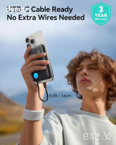 Преносимо зарядно устройство INIU, 10000 mAh Power Bank с вграден USB-C кабел, 20 W, снимка 2 - Външни батерии - 47419432