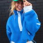 Нов дамски едноцветен ежедневен плетен пуловер с половин цип и висока яка, 2цвята - 023, снимка 3