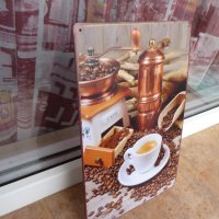 Метална табела кафе кафемелачка зърна джезве дървена лъжица, снимка 2 - Декорация за дома - 43121641