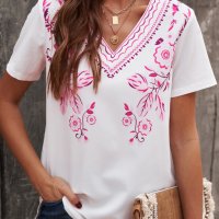 Дамска блуза в бяло с къс ръкав и етно мотиви, снимка 5 - Тениски - 40518092