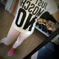 Дамска тениска Just Say Moschino Print във розов и мръсно бял цвят, снимка 8 - Тениски - 28868391