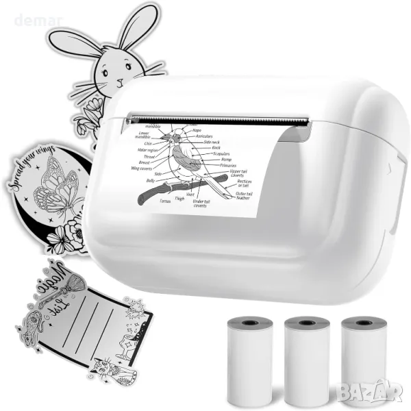 Tattmuse мини термичен принтер Q02E, Bluetooth, с 3 ролки термо хартия, бял, снимка 1