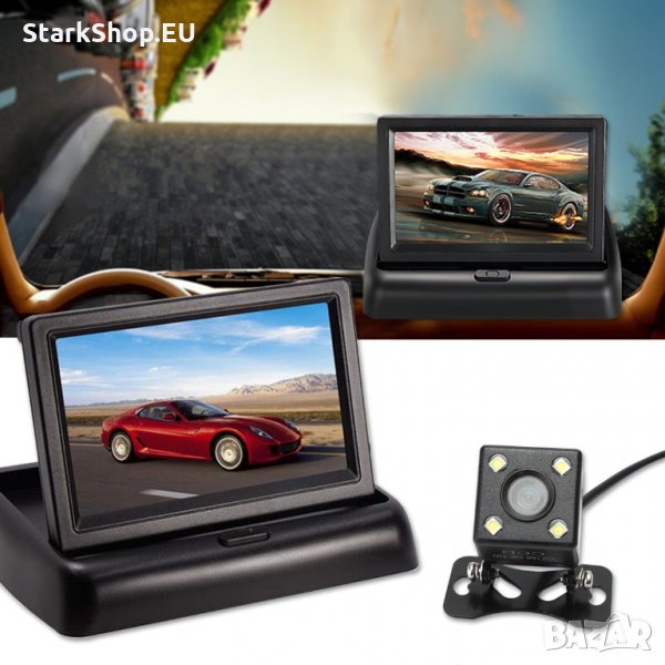 Монитор + камера за паркиране задно виждане парктроник за кола автомобил, снимка 1