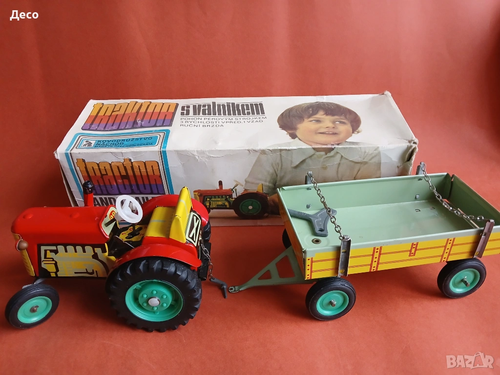Стара ламаринена играчка трактор с ремарке KDN-78г., снимка 1