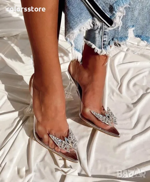 Сандали на ток - прозрачен силикон със сребрист акцент - 9020, снимка 1