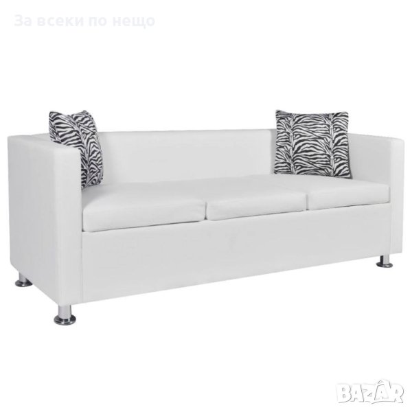 3-местен диван, изкуствена кожа, бял, снимка 1