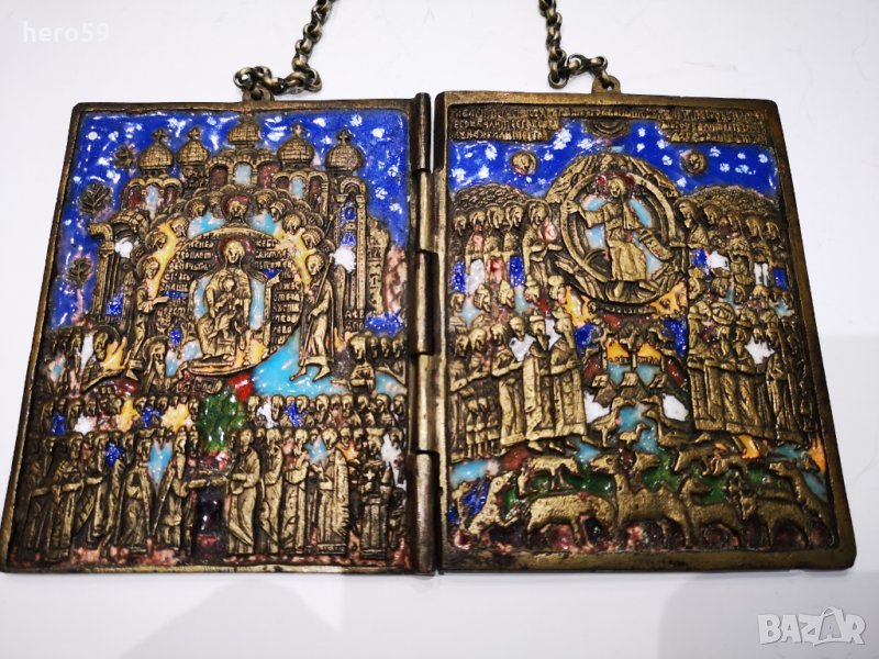Много рядка Руска бронзова икона(диптих) със седем цветен емайл/начало на 19 в., снимка 1