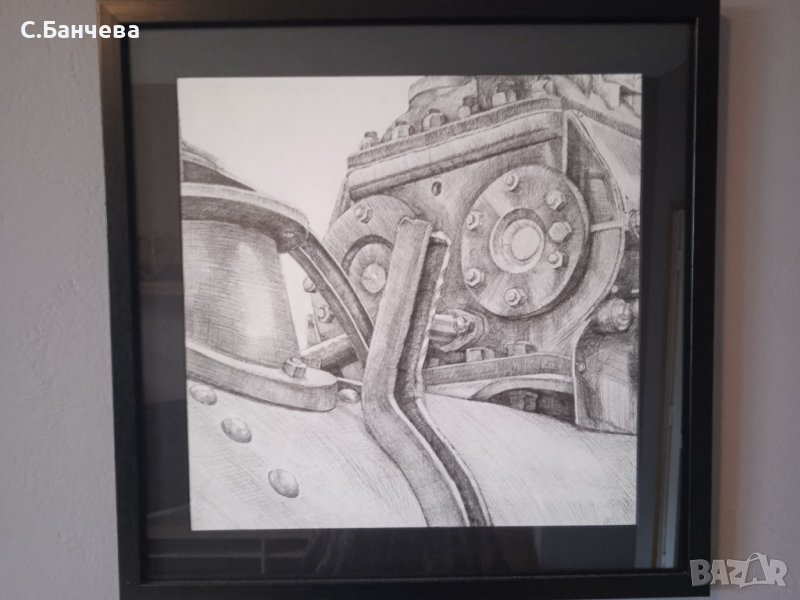 Картина, графика, "Части от стари локомотиви 2", рамкирана под стъкло , снимка 1
