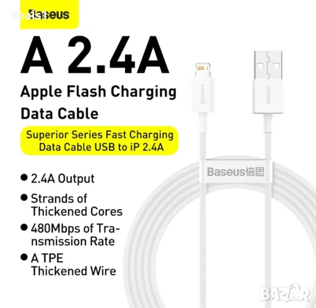Baseus CALYS-A02 Кабел за зареждане Lightning 2.4A 1M, снимка 1