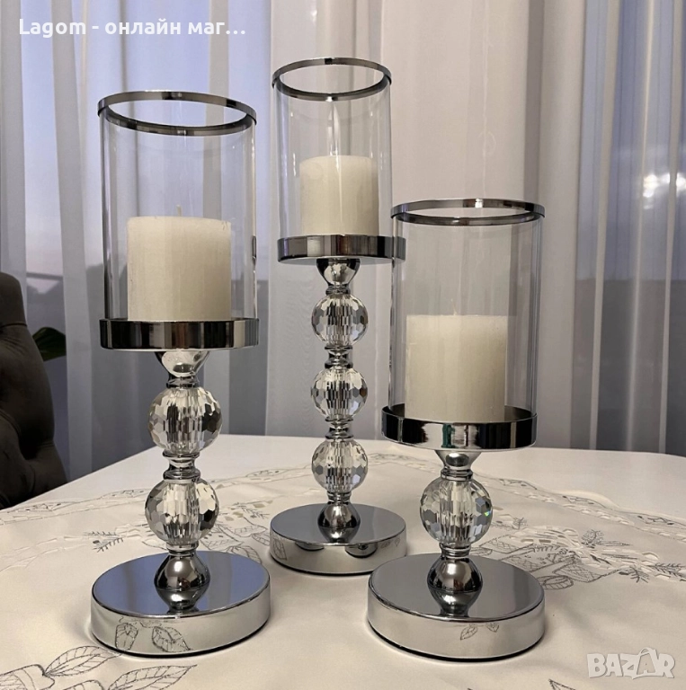 Комплект от 3 свещника, фенери на стъбло, сребърни Ruhhy, снимка 1