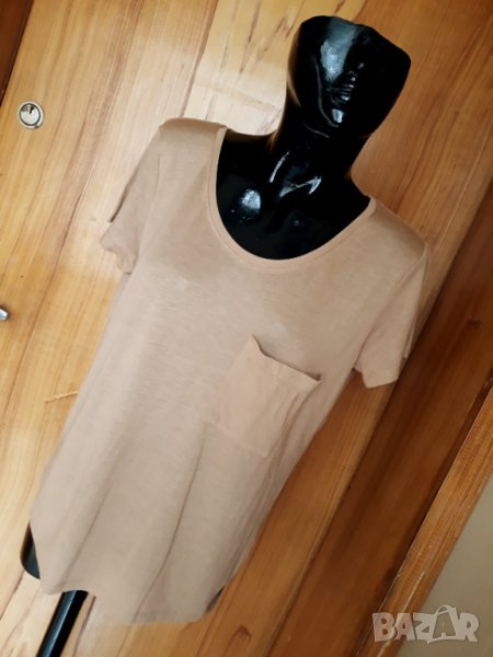 Светло бежова тънка тениска с джобче М/Л, снимка 1