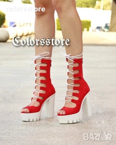 Летни боти на ток - червен велур - 101